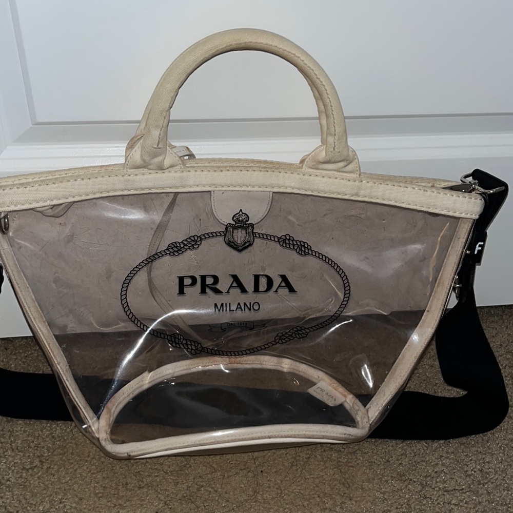 Authentic Prada Pu and linen shoulder/tote bag.